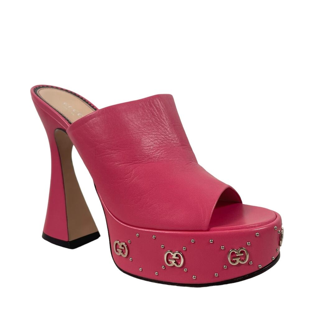 Gucci GG Studs Leather Platform Slide Sandal Rhodamine Pink Size 40 - Picture 3 of 14